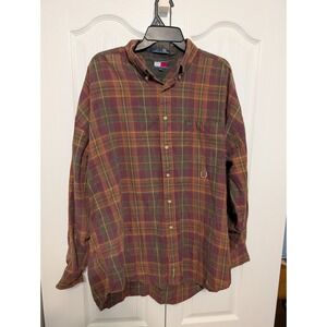 Tommy Hilfiger Shirt Mens XL Pumpkin, Cranberry Plaid Button Up Cotton Vintage